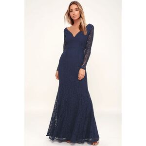 Lulus Natural Beauty Navy Blue Lace Long Sleeve Maxi Dress‎ Size XS